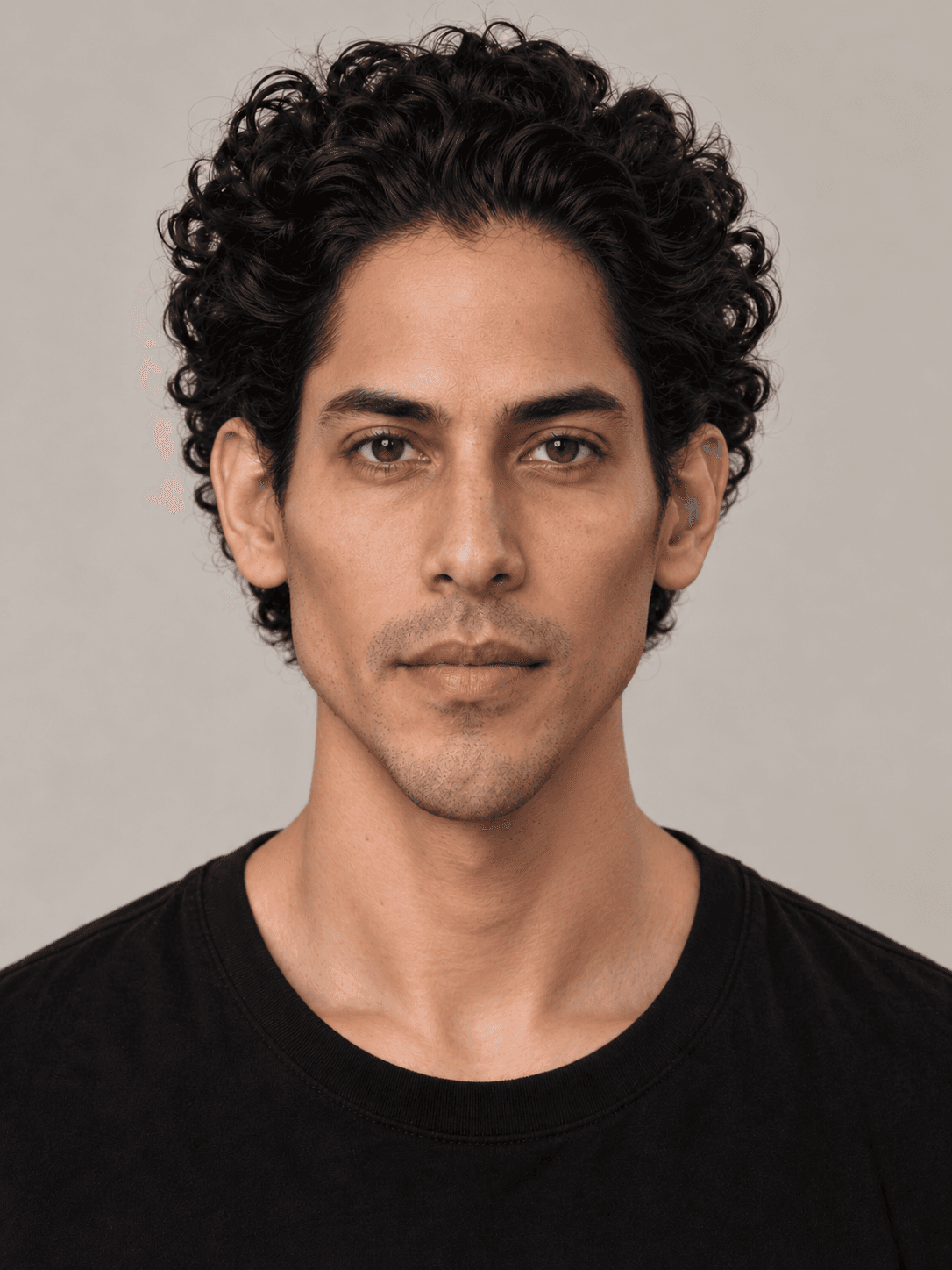 Man, front view, with medium warm-toned skin and curly black hair brushed straight back.