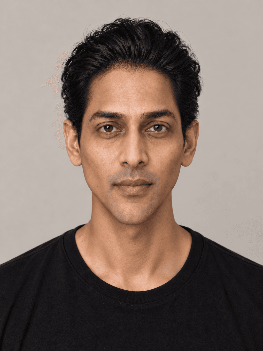 Man, front view, with medium brown skin and straight black hair brushed straight back.