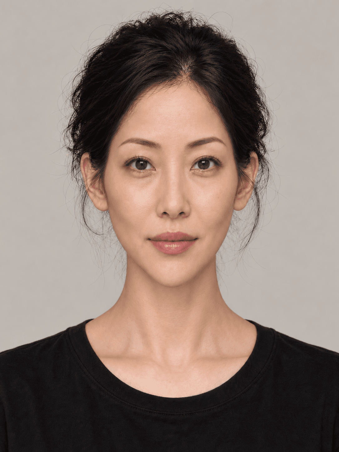 Woman, front view, with light warm-toned skin and wavy black hair pulled back in a low bun.