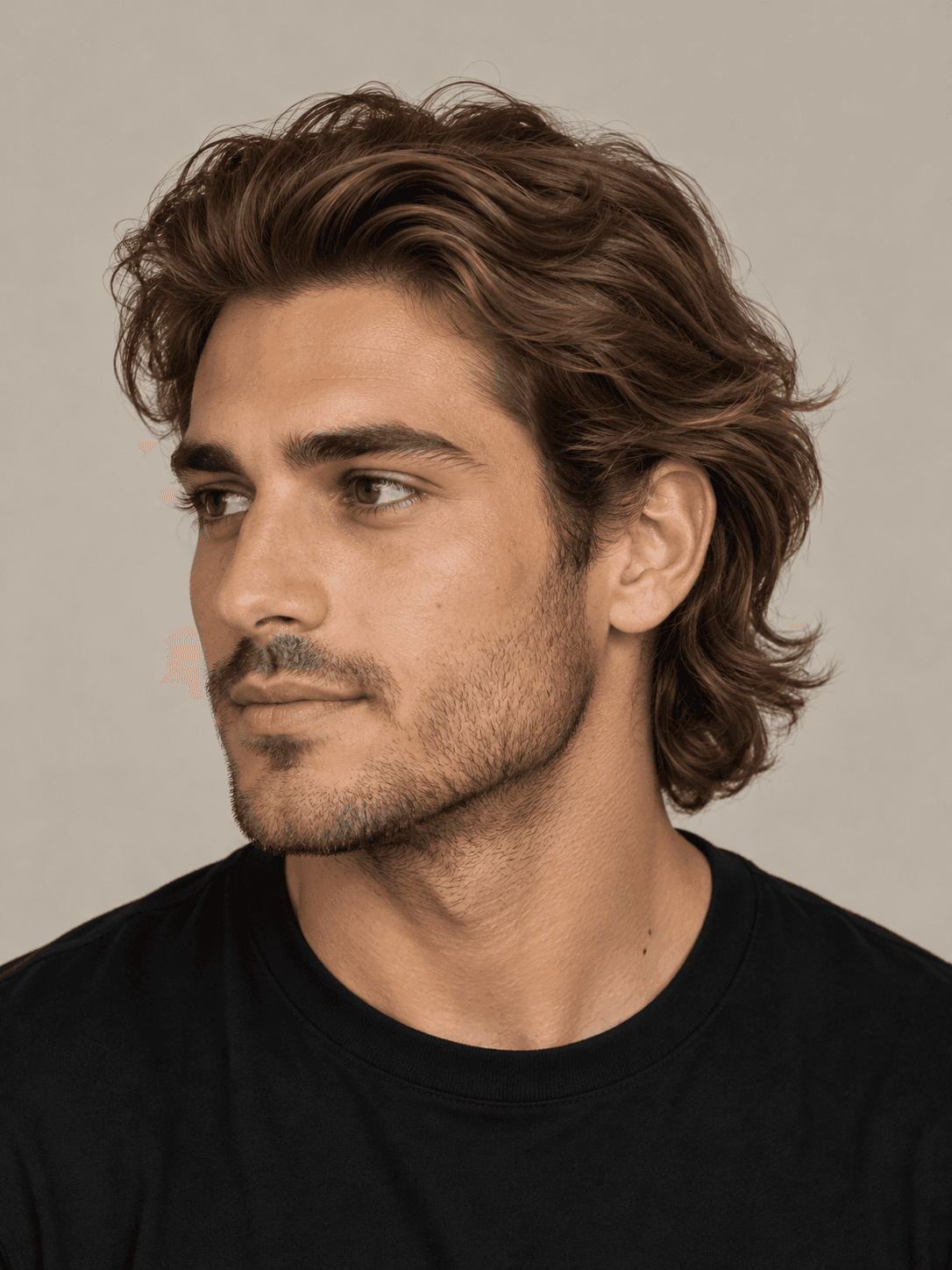 Flow hairstyle on a man with brown wavy hair pushed back, three-quarter view