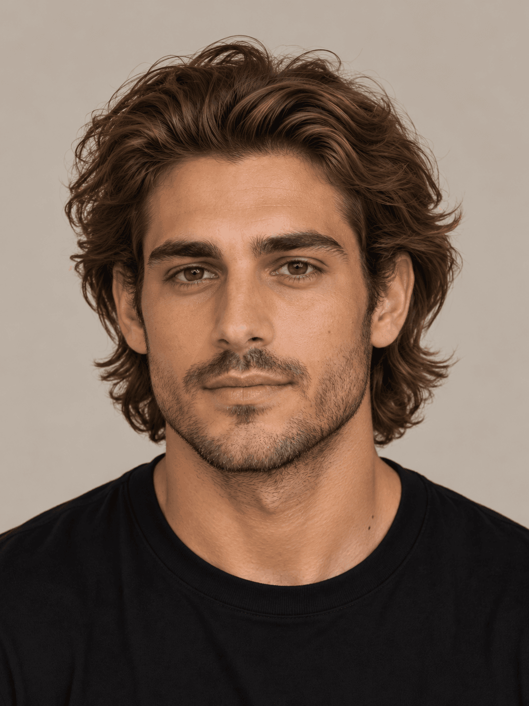 Flow hairstyle on a man with brown wavy hair pushed back, front view
