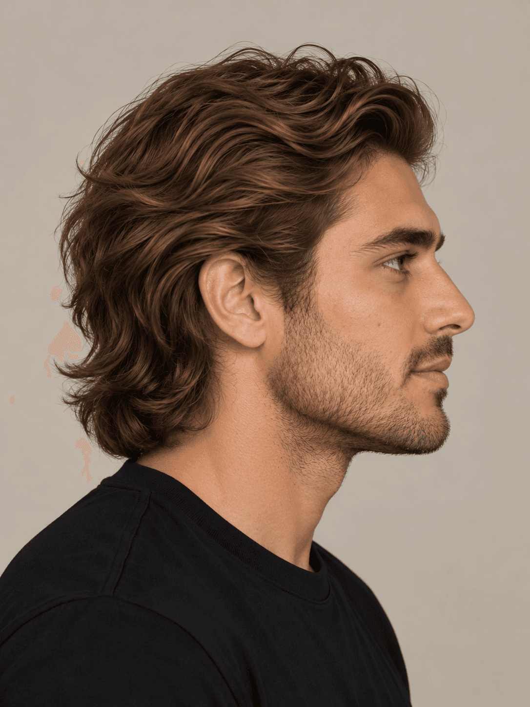 Flow hairstyle on a man with brown wavy hair pushed back, side view