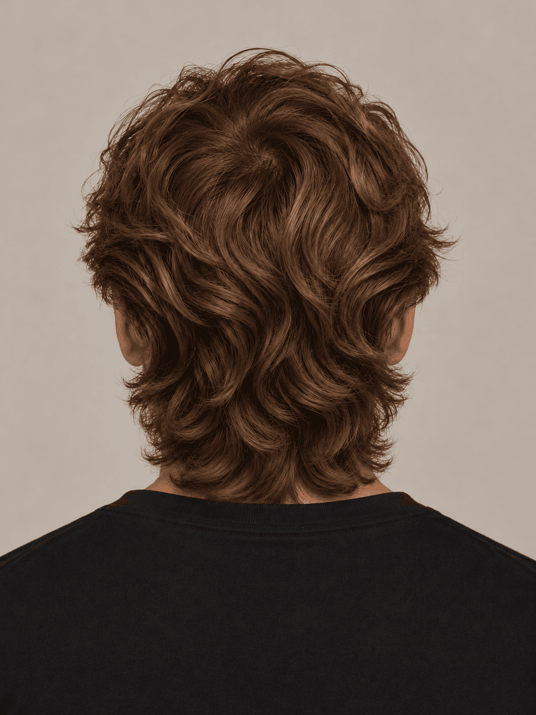 Flow hairstyle on a man with brown wavy hair pushed back, back view