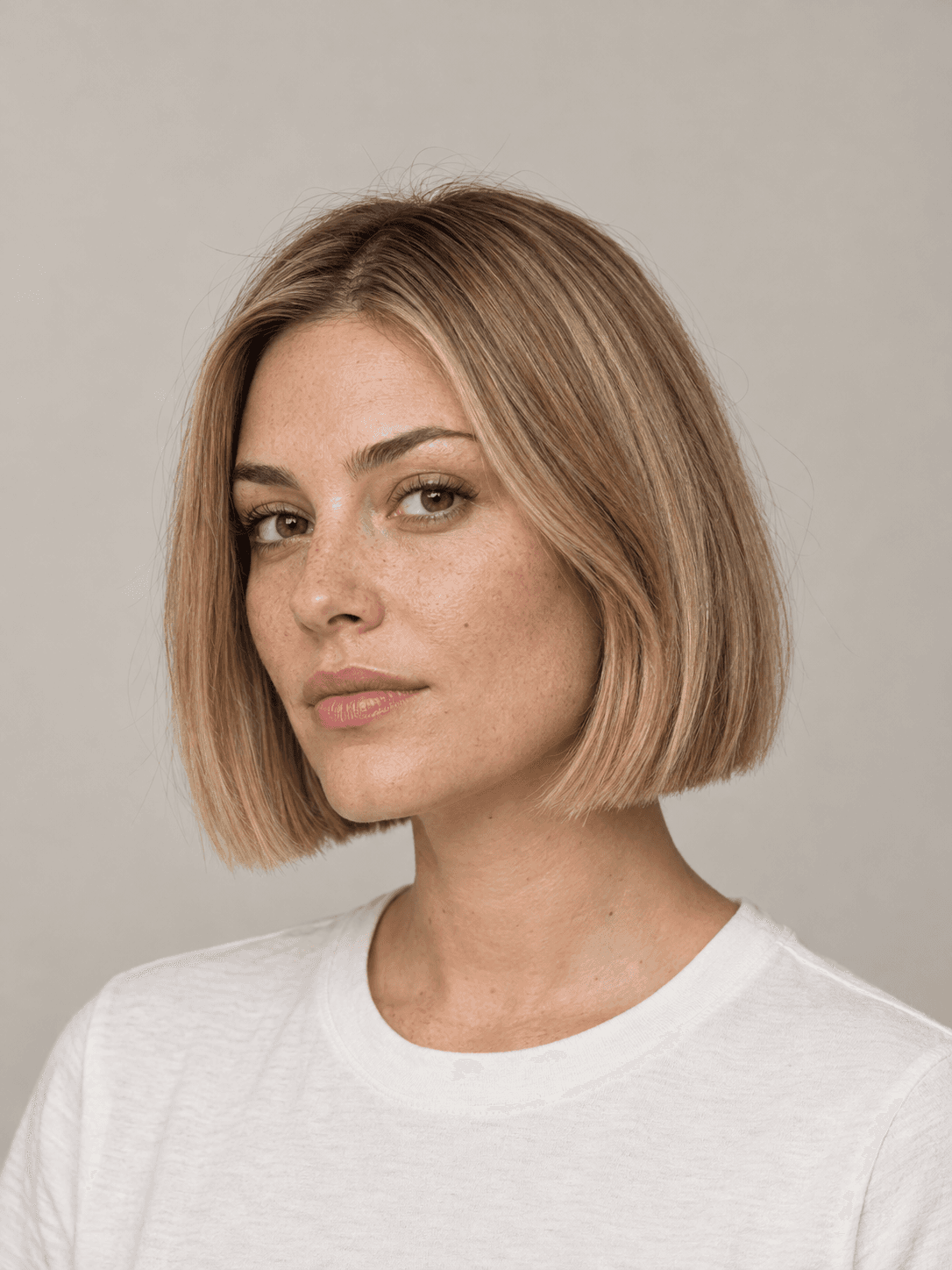 Classic bob hairstyle on a woman with blonde straight hair, three-quarter view