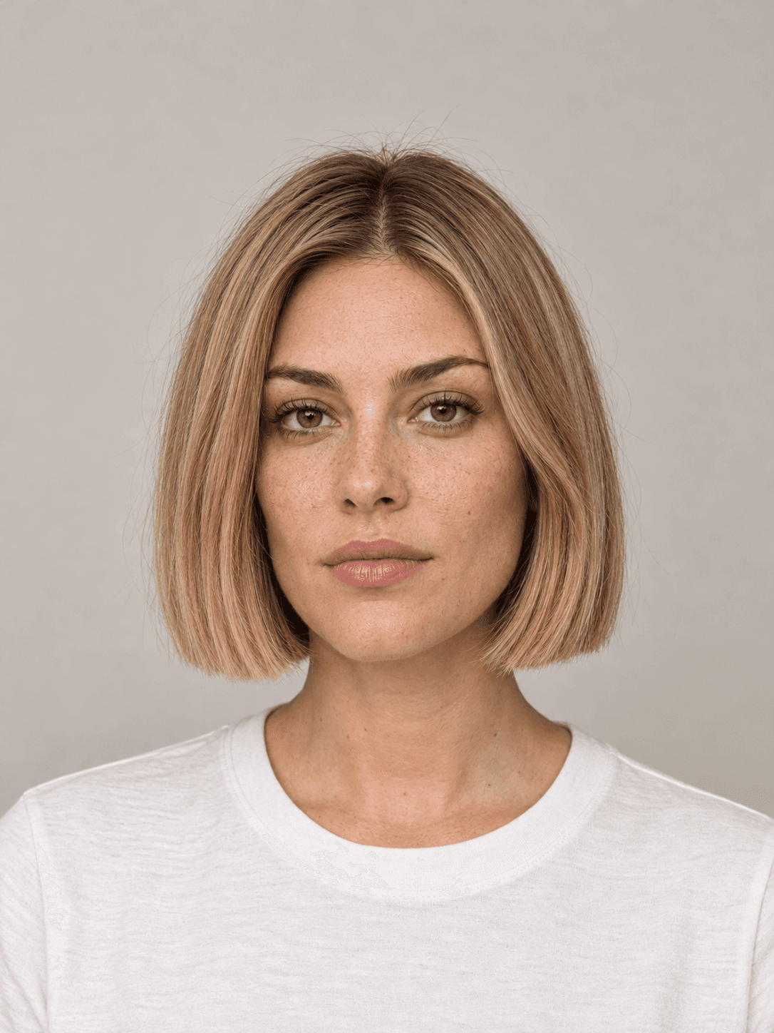 Classic bob hairstyle on a woman with blonde straight hair, front view