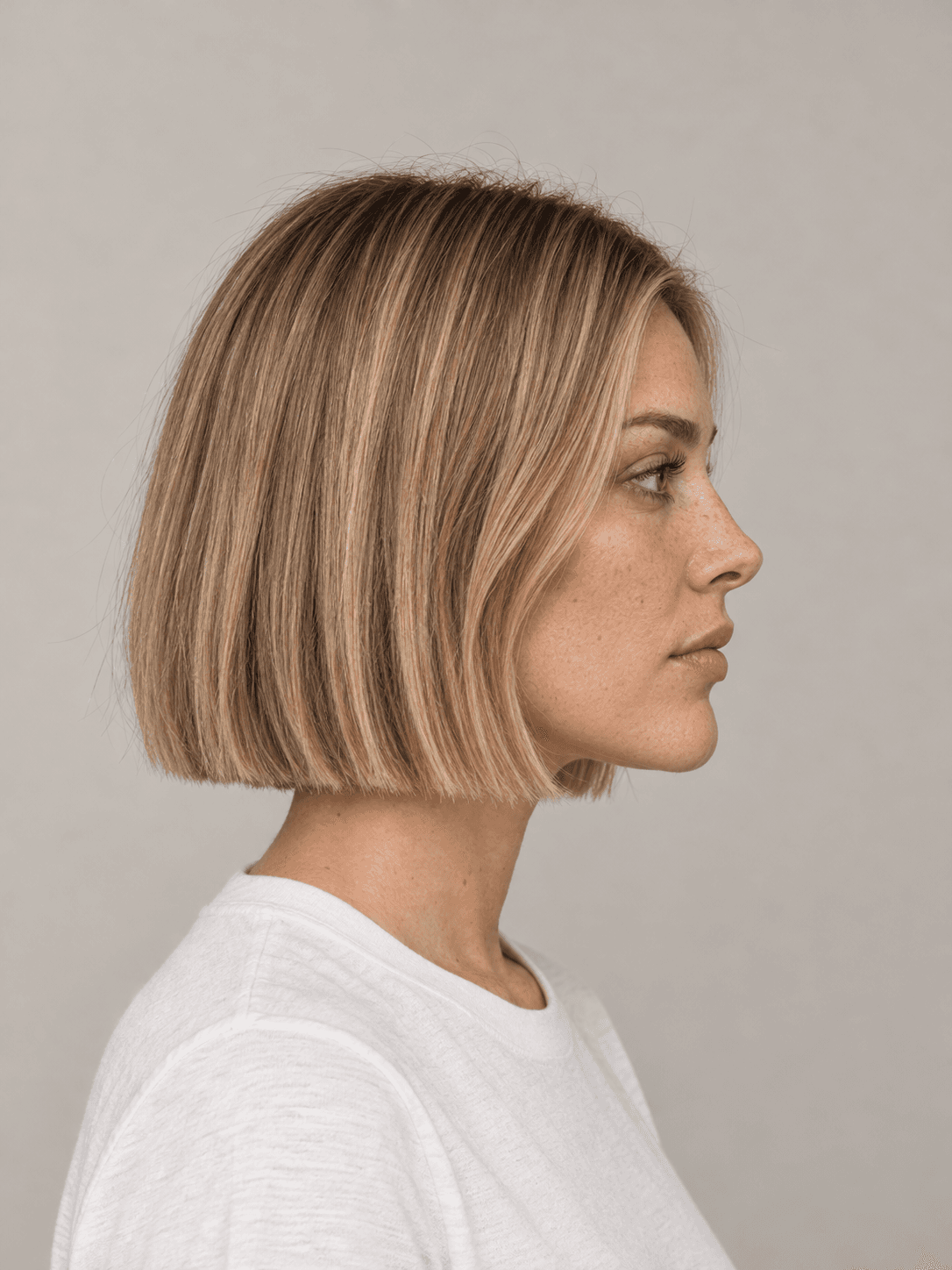Classic bob hairstyle on a woman with blonde straight hair, side view