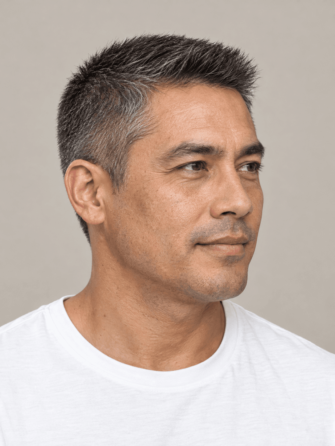 Crew Cut on a man with straight salt-and-pepper hair, three-quarter view