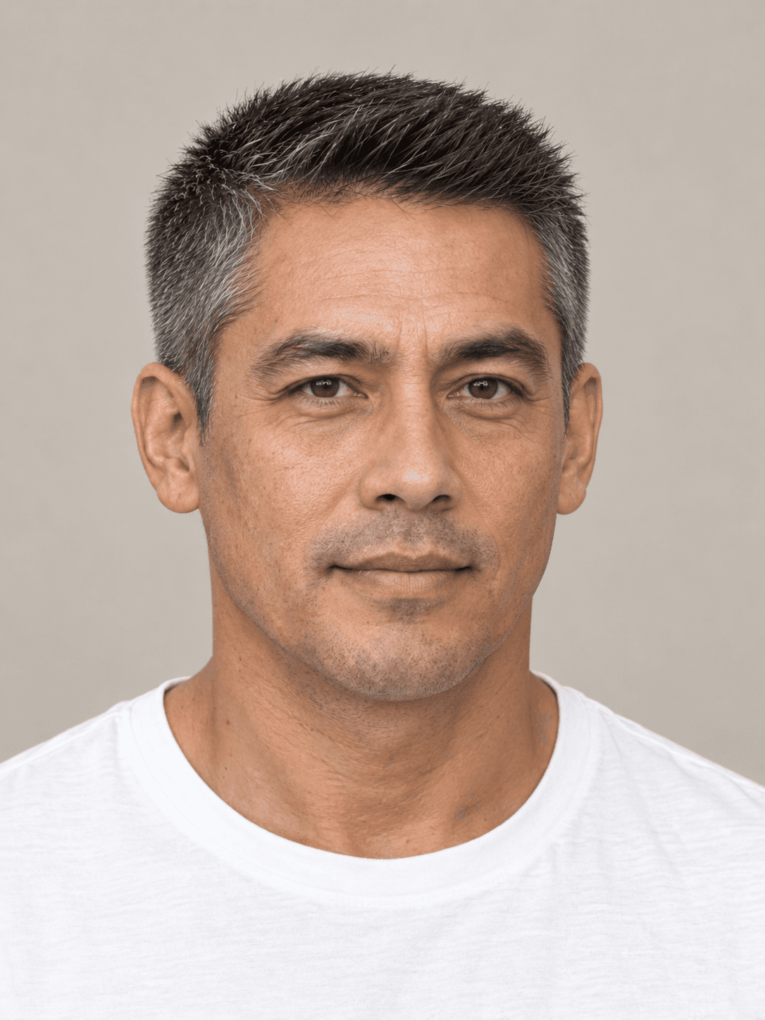 Crew Cut on a man with straight salt-and-pepper hair, front view