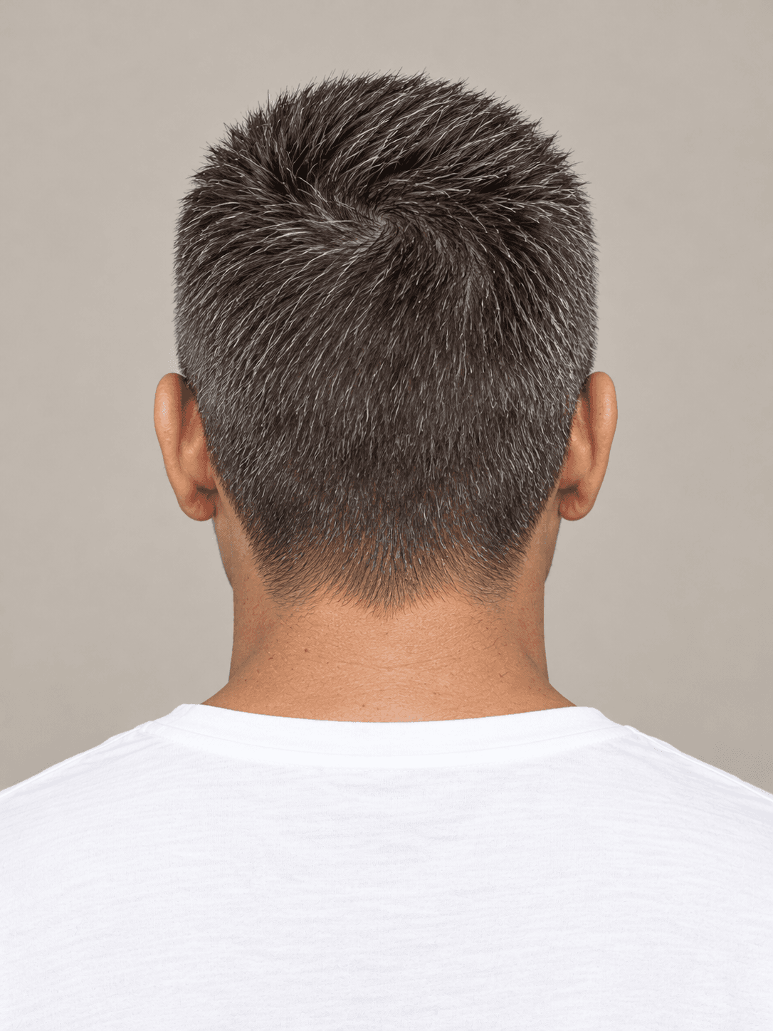 Crew Cut on a man with straight salt-and-pepper hair, back view