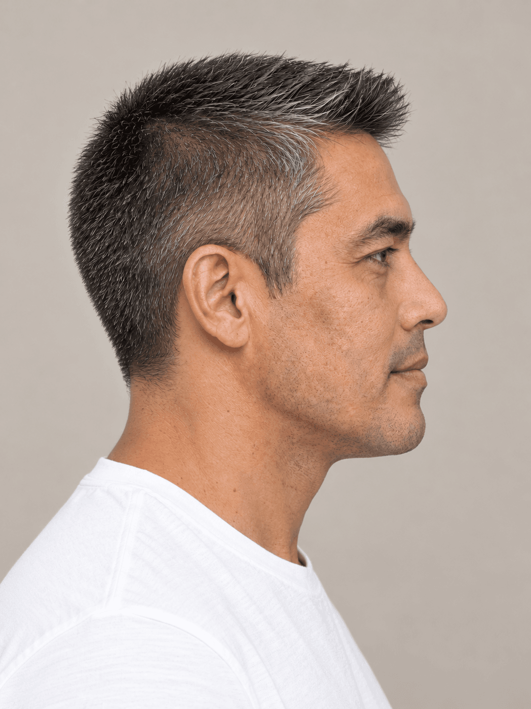 Crew Cut on a man with straight salt-and-pepper hair, side view