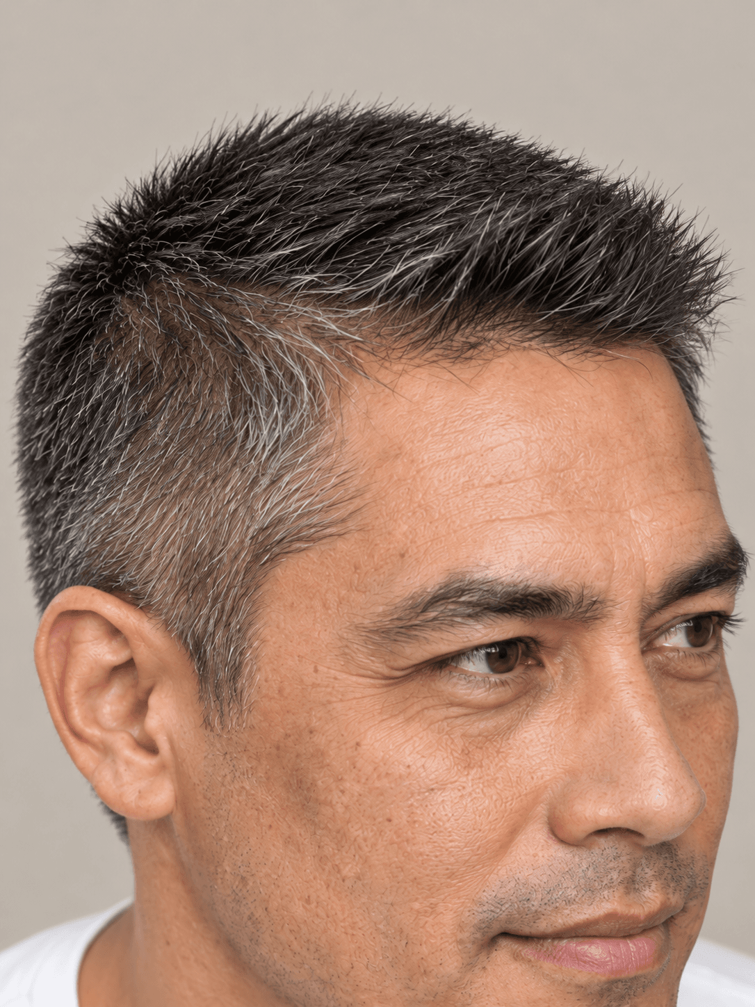 Crew Cut on a man with straight salt-and-pepper hair, close view of the short top brushed up at the front