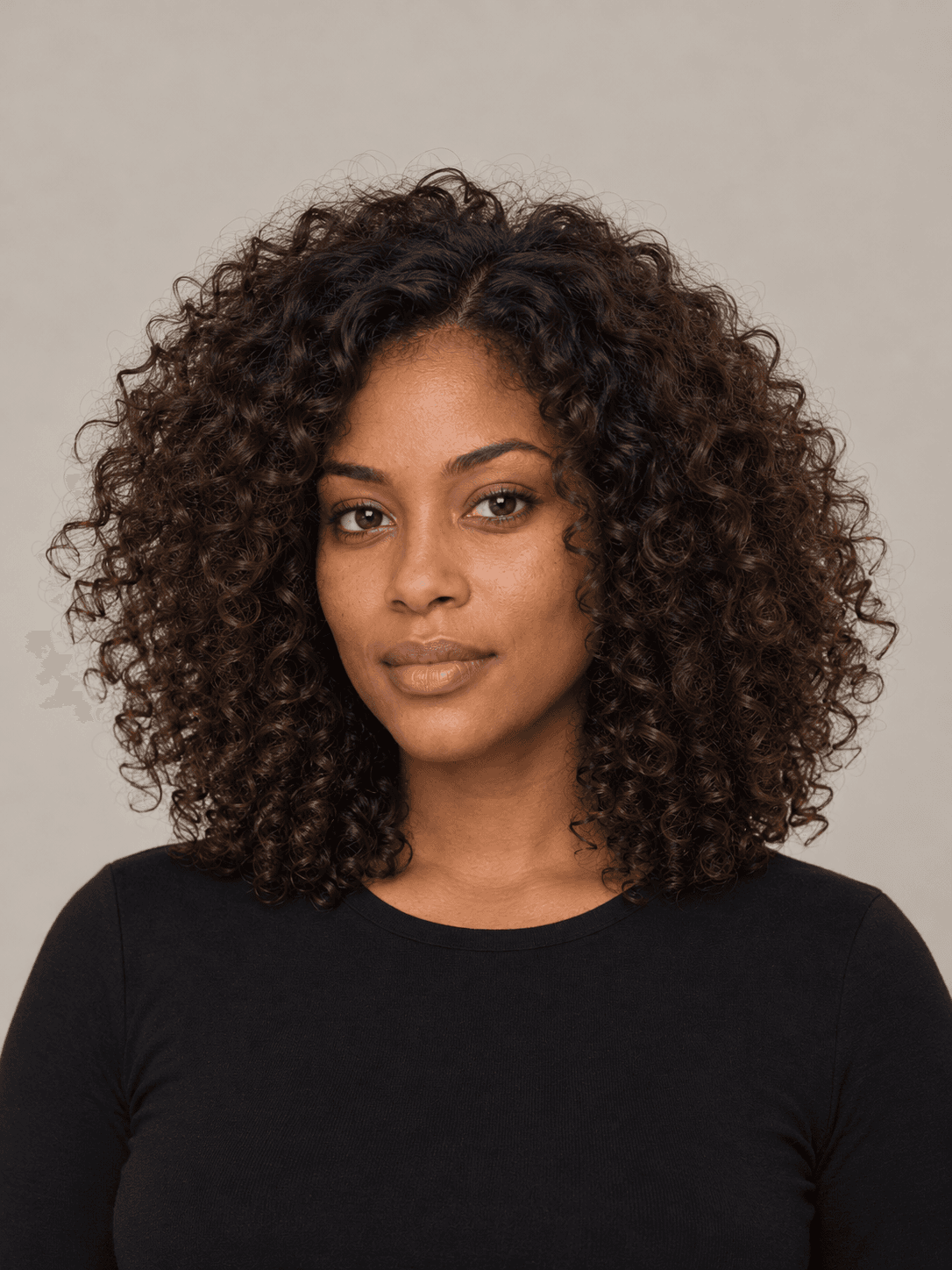 Curly layers hairstyle on a woman with dark brown curly hair, front view