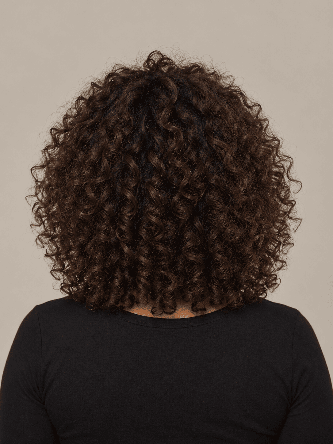 Curly layers hairstyle on a woman with dark brown curly hair, back view