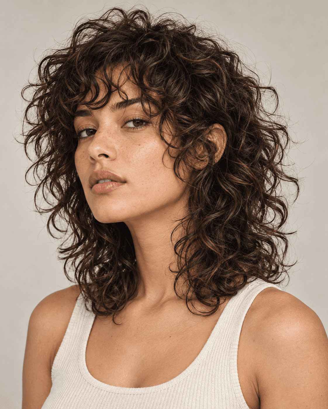 Curly shag hairstyle with curtain bangs on a woman with dark brown curly hair, three-quarter view