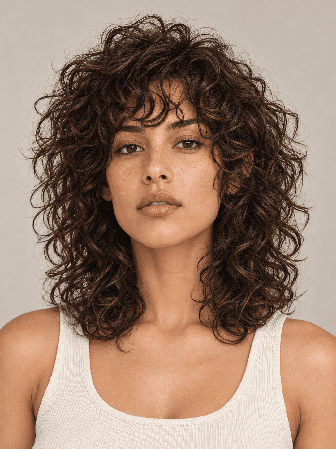 Curly shag hairstyle with curtain bangs on a woman with dark brown curly hair, front view