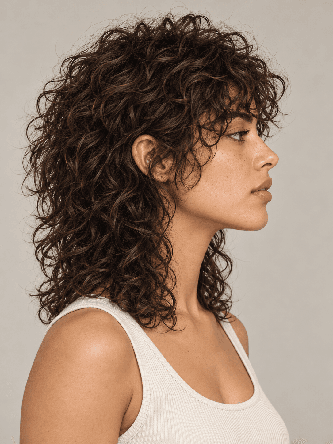 Curly shag hairstyle with curtain bangs on a woman with dark brown curly hair, side view