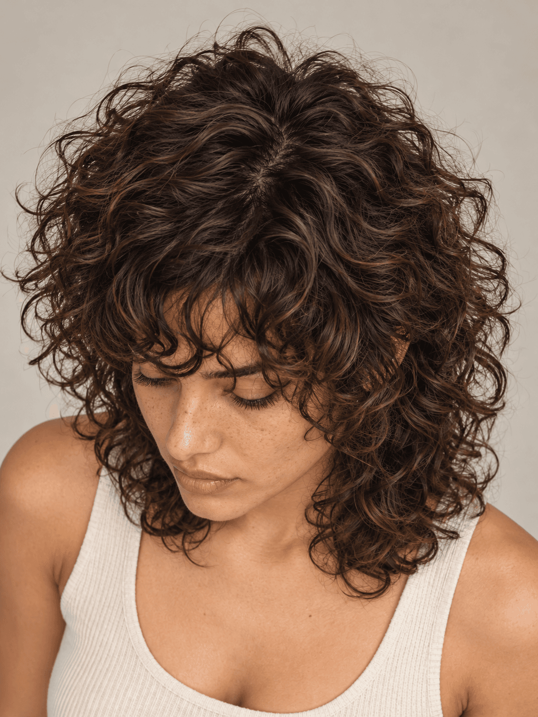 Curly shag hairstyle with curtain bangs on a woman with dark brown curly hair, seen from above to show the layers at the crown
