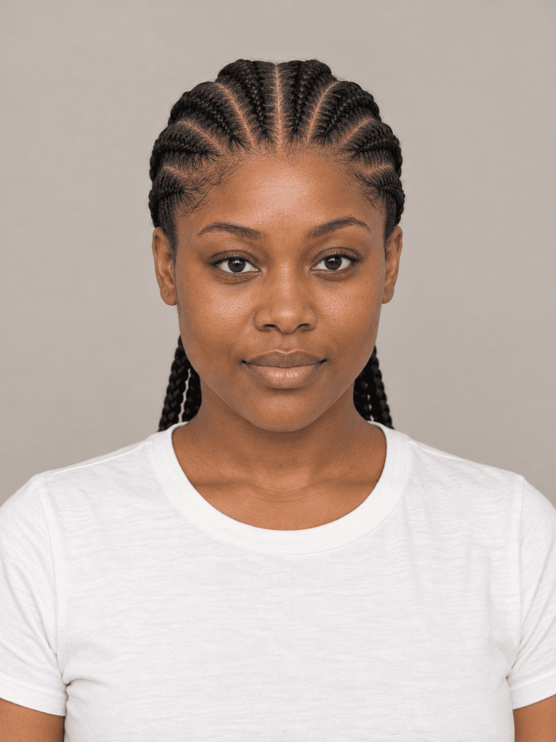 Feed-in Cornrows on a woman with dark brown skin and black hair, front view