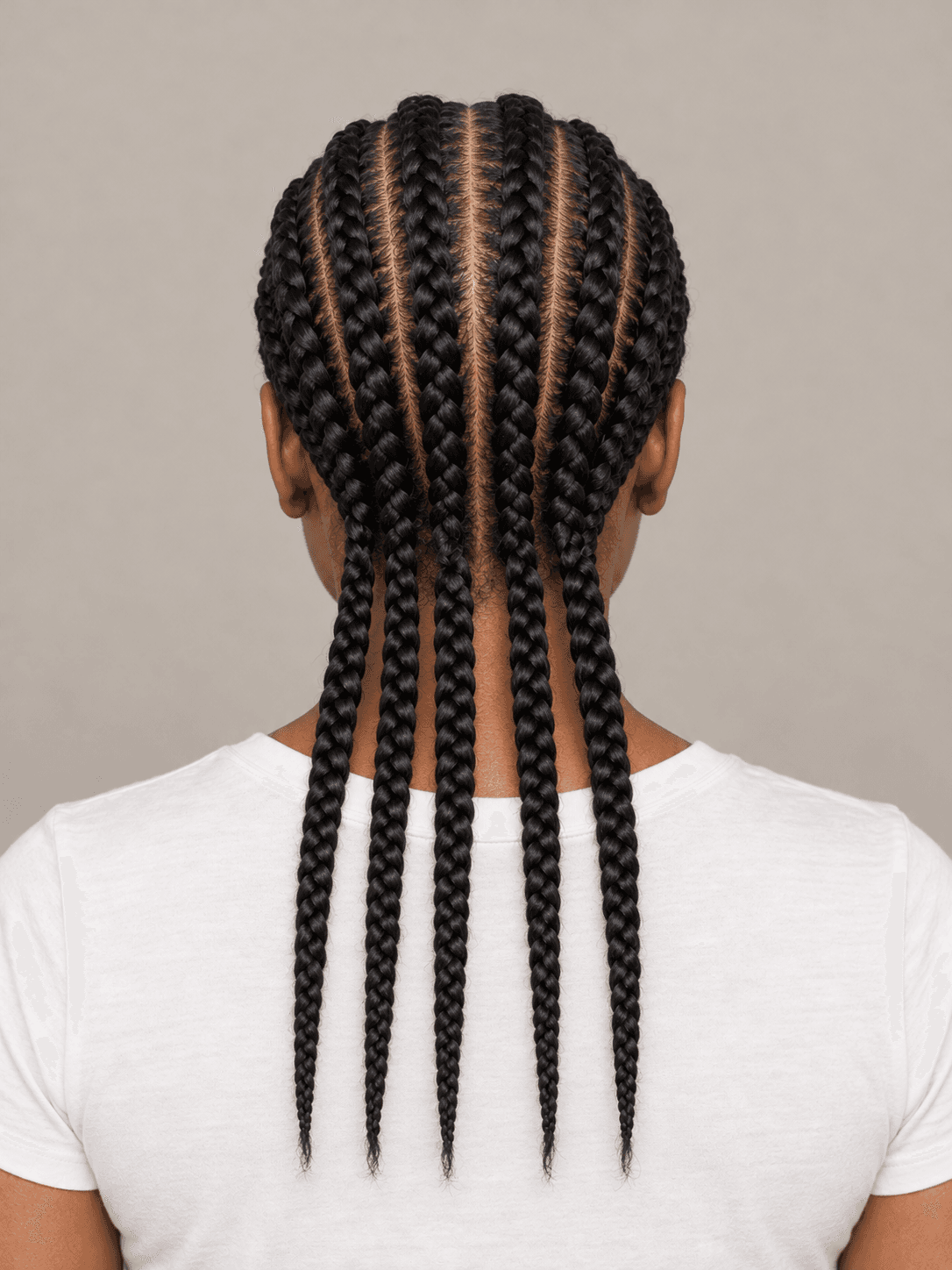 Feed-in Cornrows on a woman with dark brown skin and black hair, back view