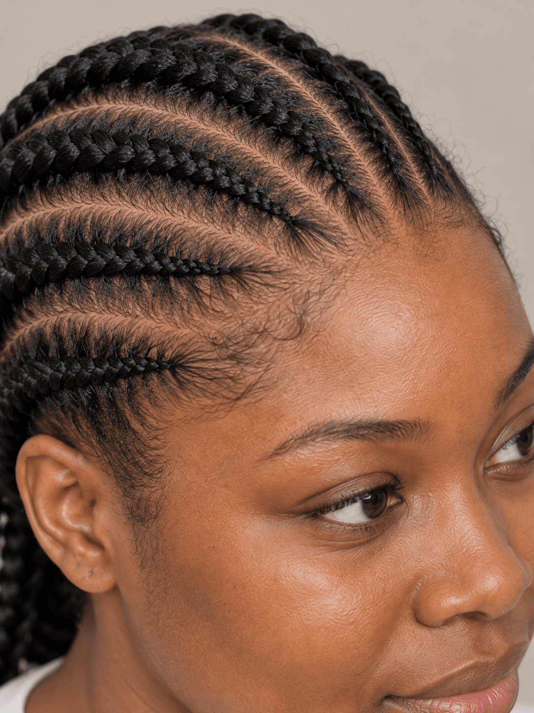 Feed-in Cornrows on a woman with dark brown skin and black hair, close view of the hairline, clean parts and braids starting thin
