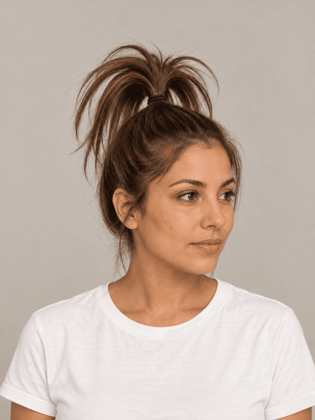 Upside-Down Ponytail Fountain on a woman with light olive skin and brown hair, three-quarter view