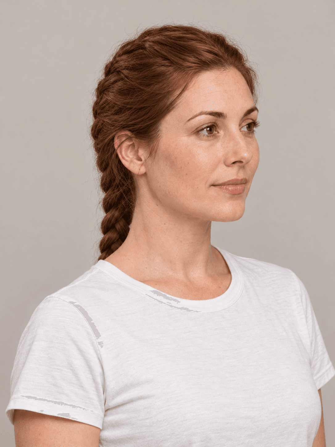French Braid on a woman with fair skin and auburn hair, three-quarter view