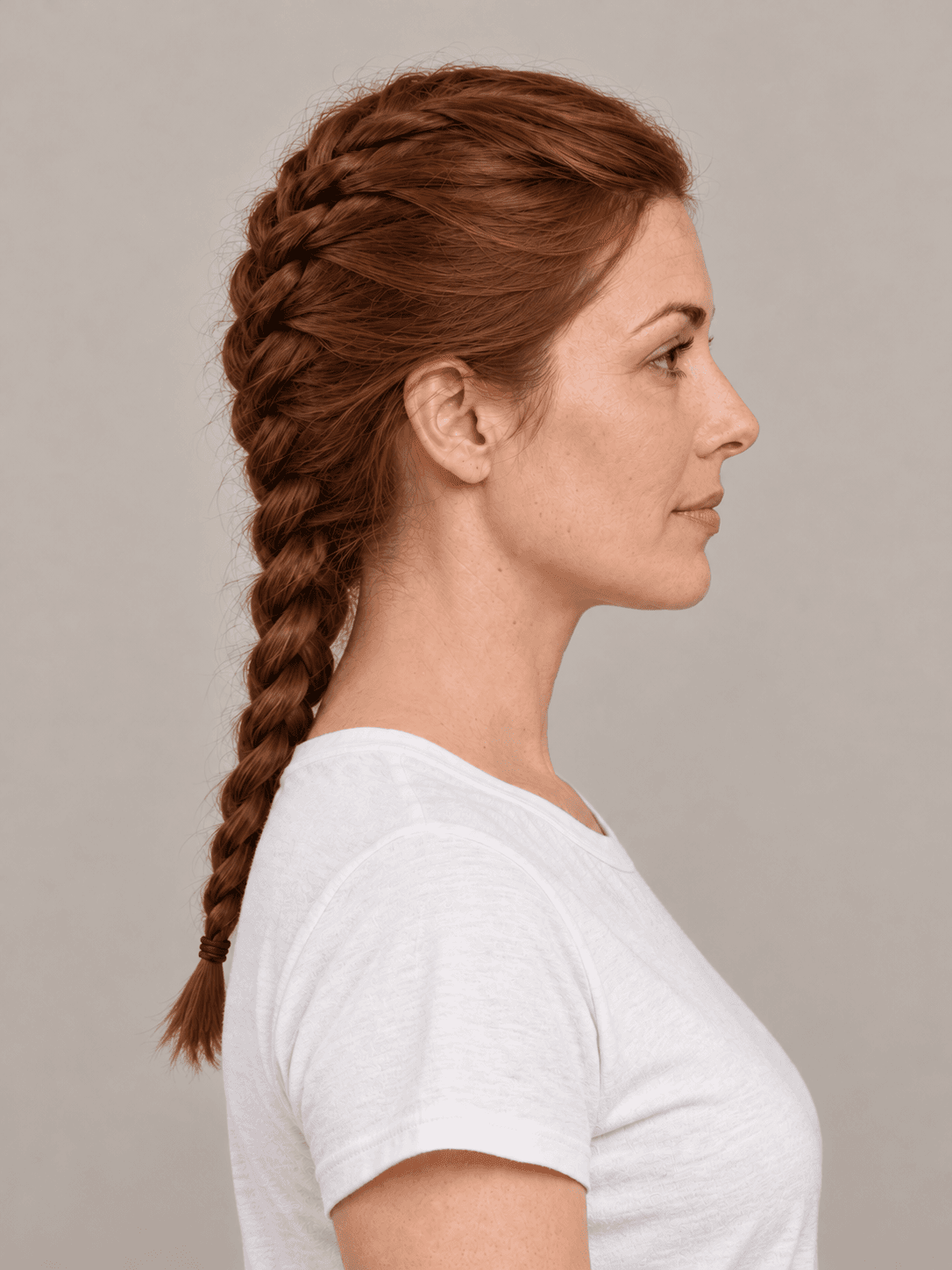 French Braid on a woman with fair skin and auburn hair, side view