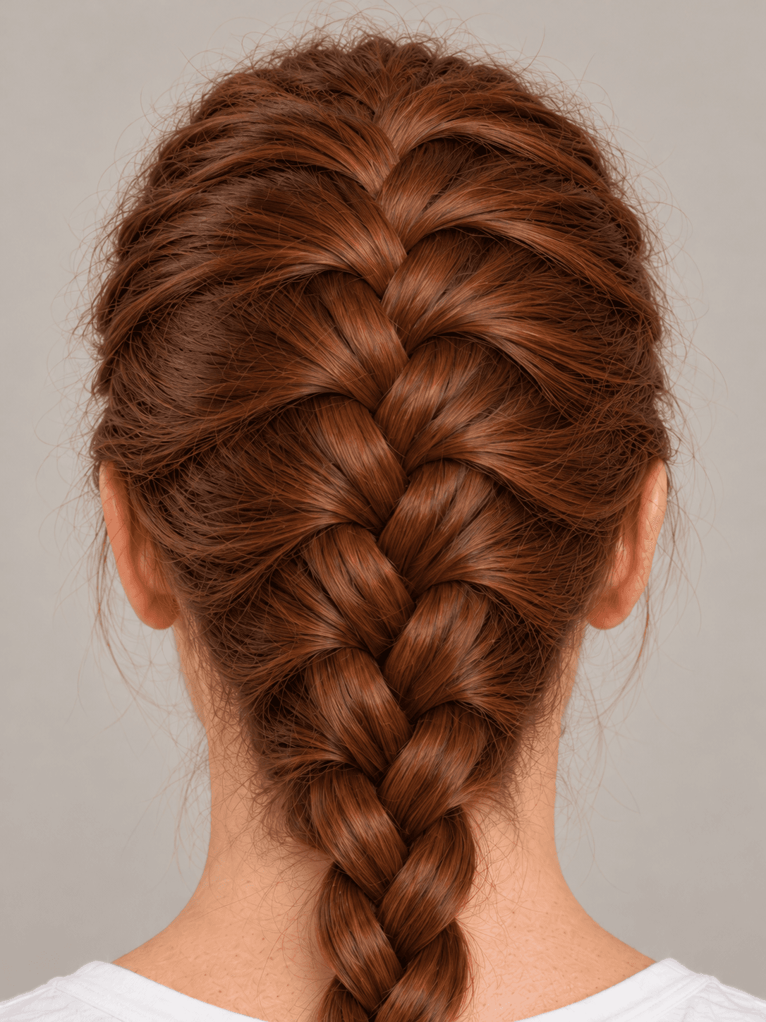 French Braid on a woman with fair skin and auburn hair, close view from the back of the braid at the crown, its strands crossed over and lying flat