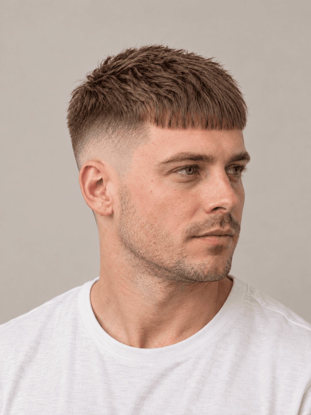 French Crop on a man with straight light brown hair, three-quarter view