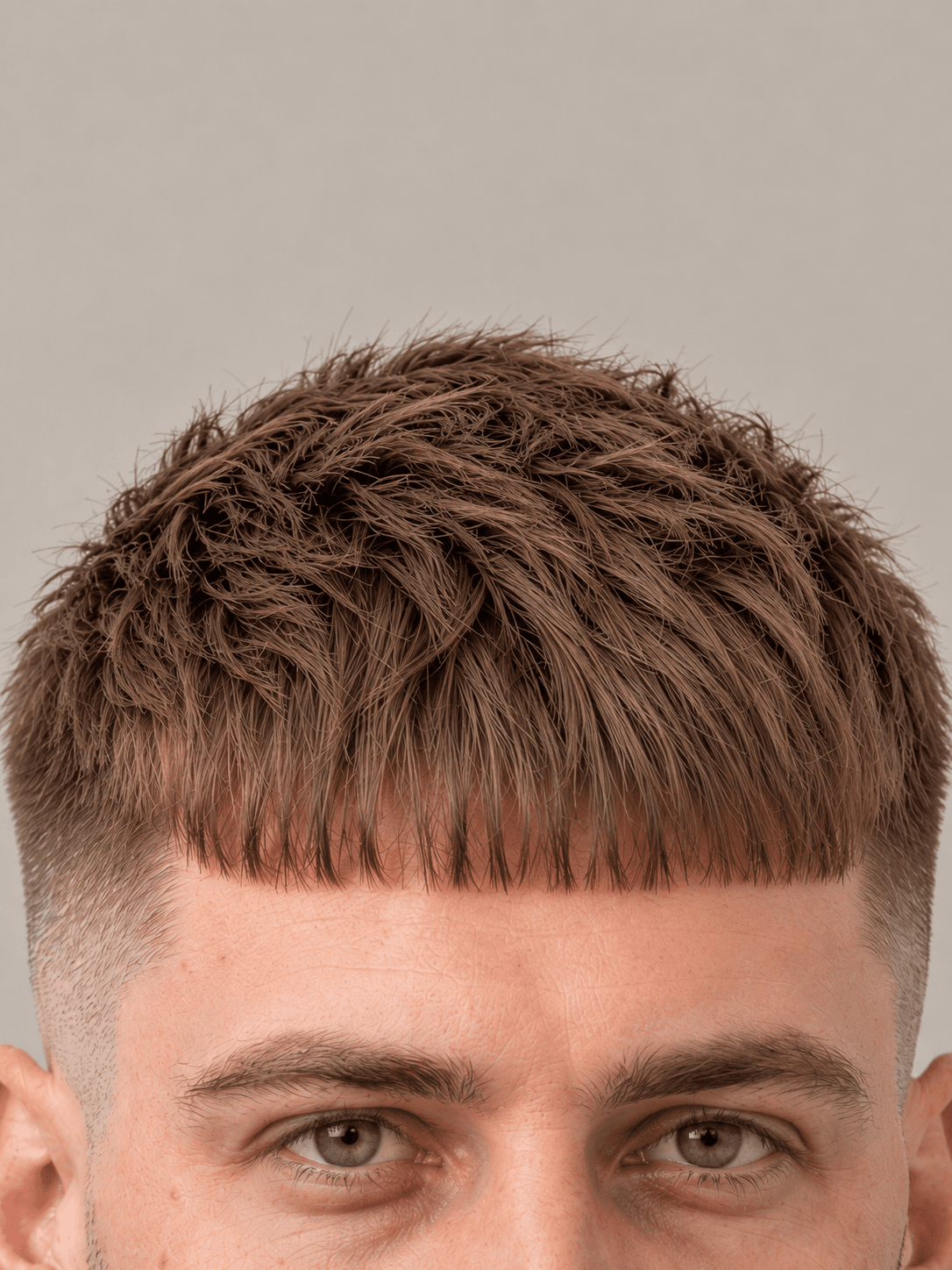 French Crop on a man with straight light brown hair, close-up of the blunt fringe line