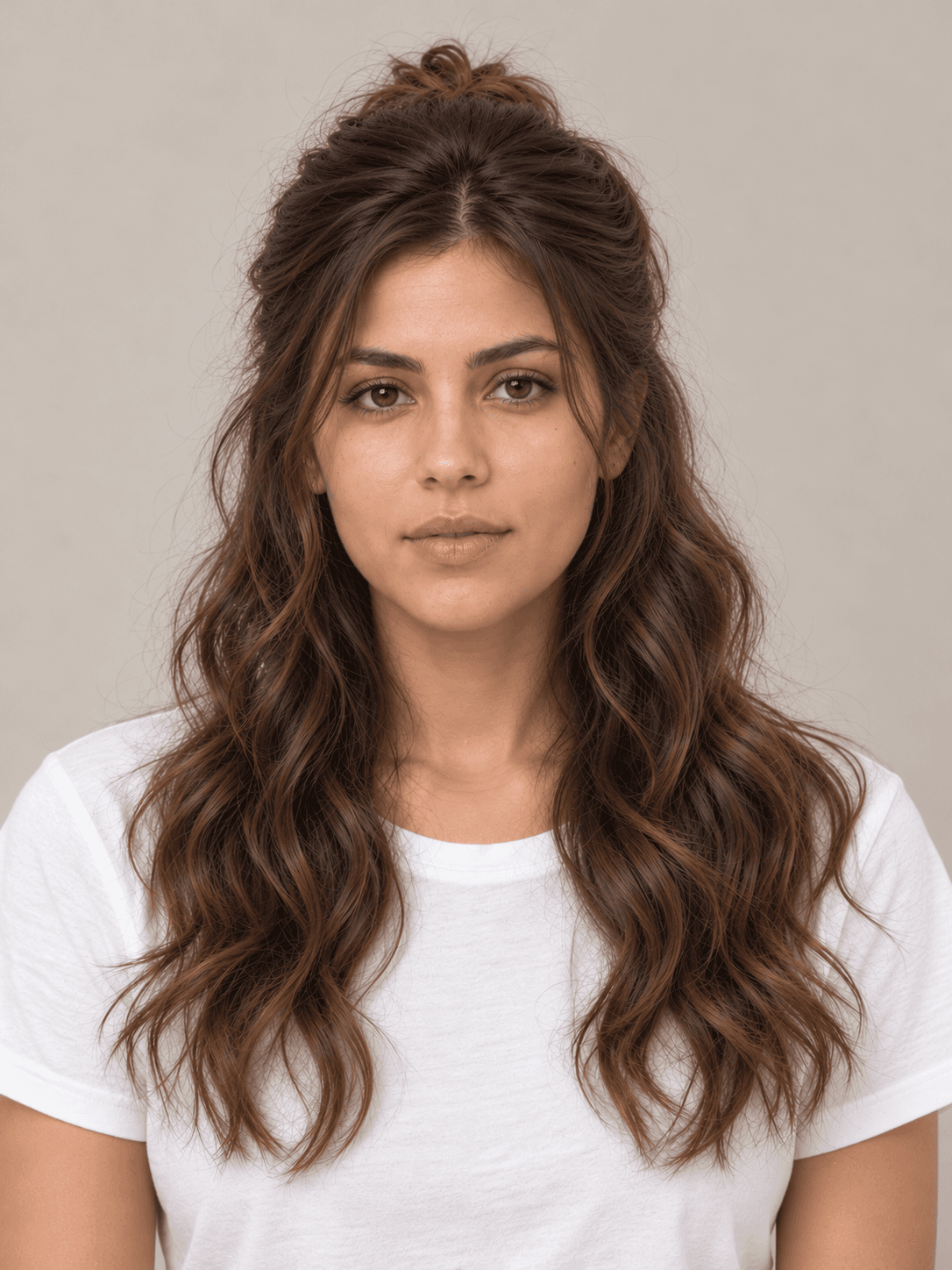 Half-up half-down style on a woman with light brown skin and wavy chestnut hair, front view