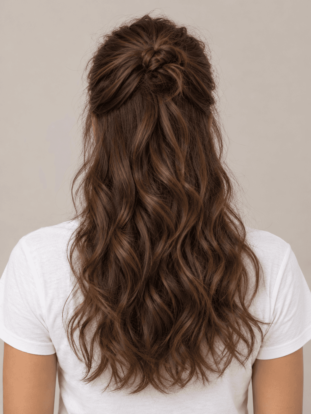 Half-up half-down style on a woman with light brown skin and wavy chestnut hair, back view