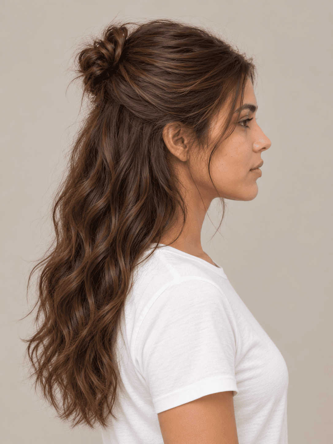 Half-up half-down style on a woman with light brown skin and wavy chestnut hair, side view