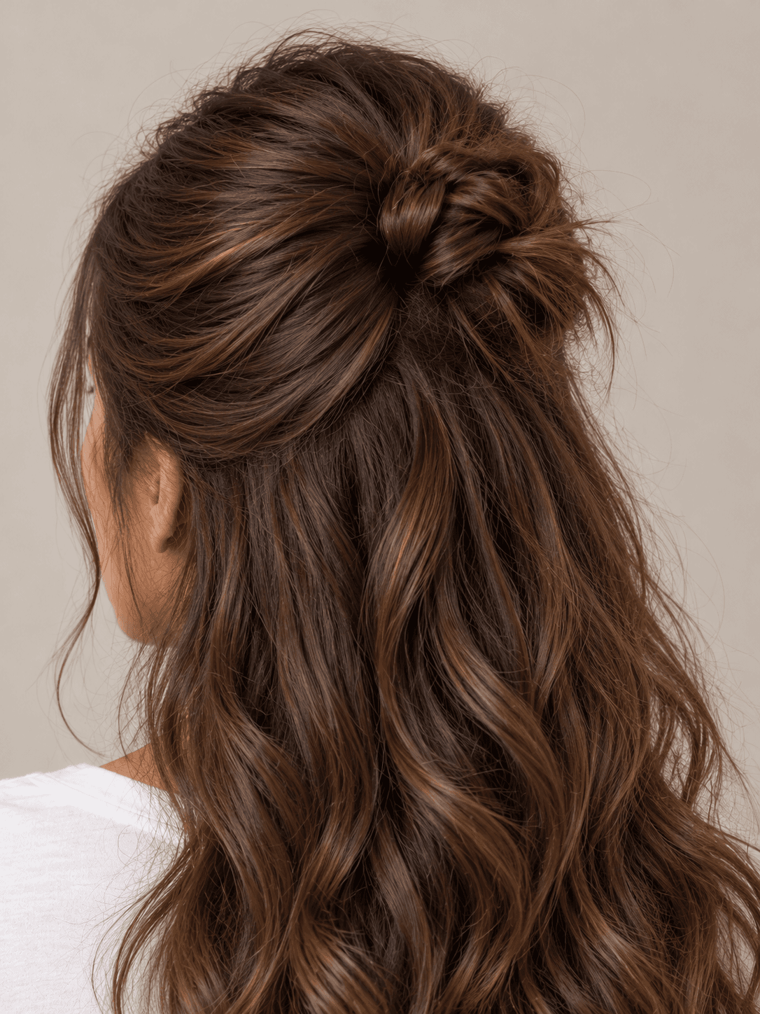 Half-up half-down style on a woman with light brown skin and wavy chestnut hair, close view of the crown knot from the back