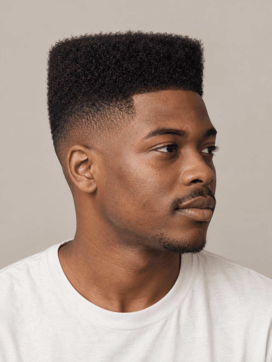 High-Top Fade on a man with coily black hair, three-quarter view