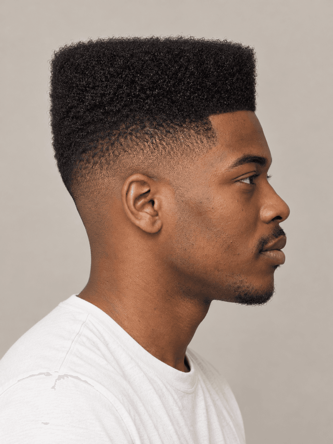High-Top Fade on a man with coily black hair, side view