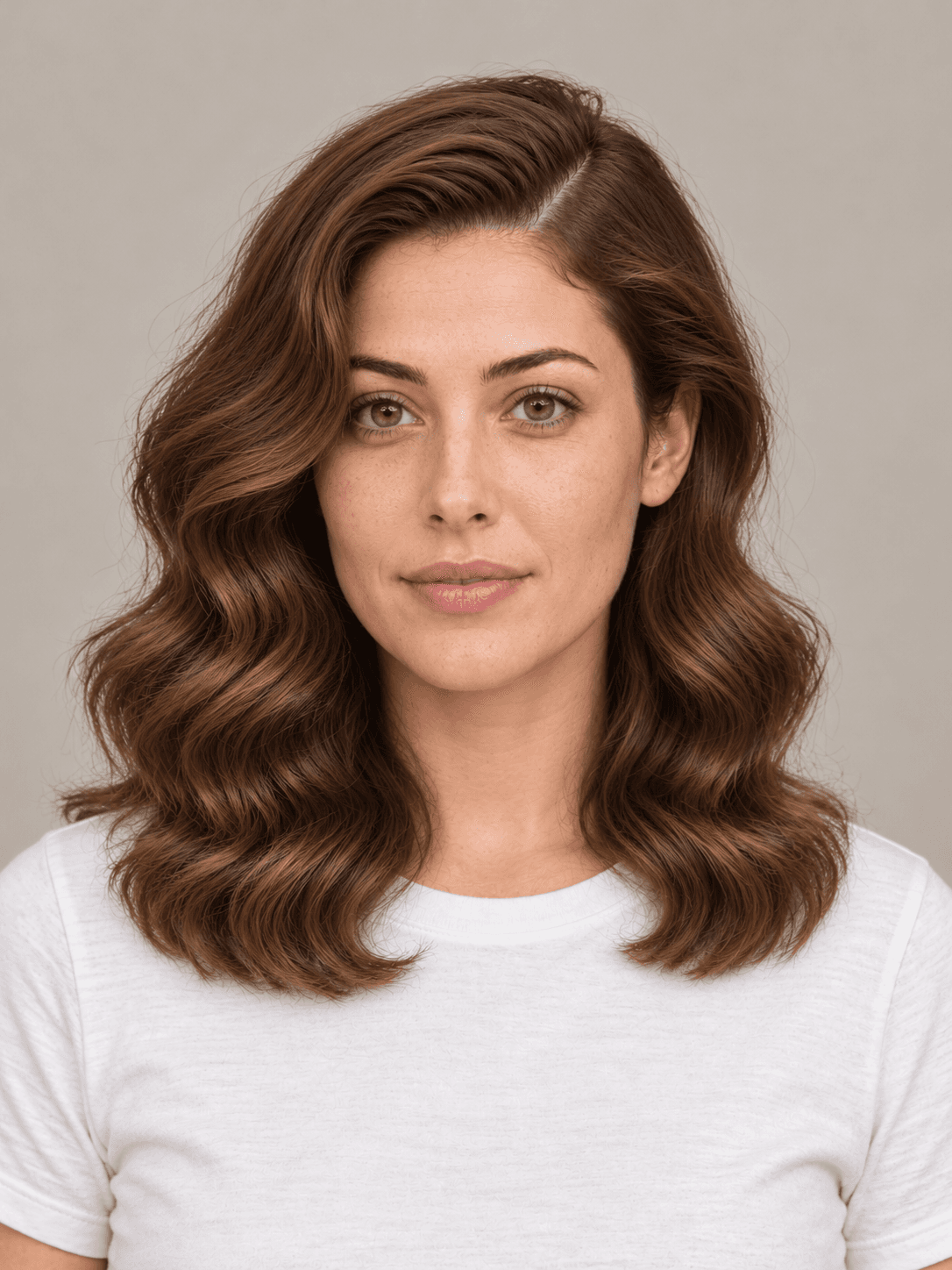 Side-Part Hollywood Waves on a woman with fair skin and brown hair, front view
