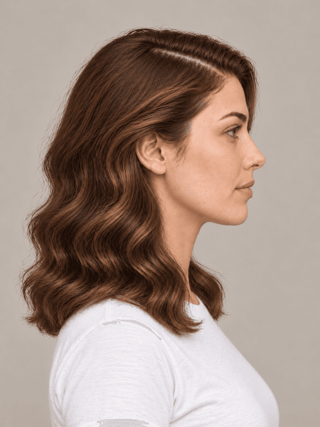 Side-Part Hollywood Waves on a woman with fair skin and brown hair, side view