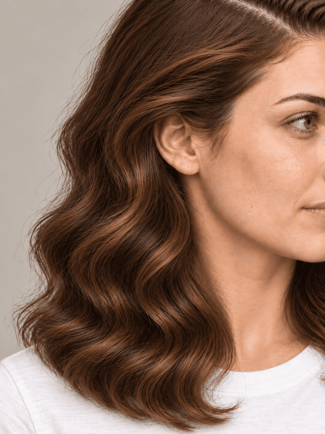 Side-Part Hollywood Waves on a woman with fair skin and brown hair, close view of the S-shaped waves at the side, from the front-left