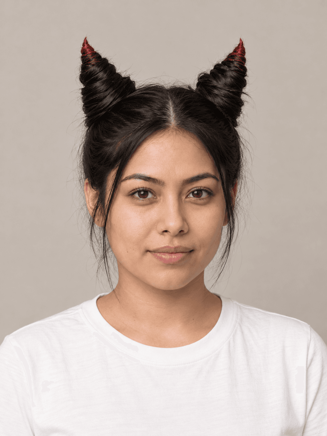 Horn Buns on a woman with light tan skin and black hair, front view
