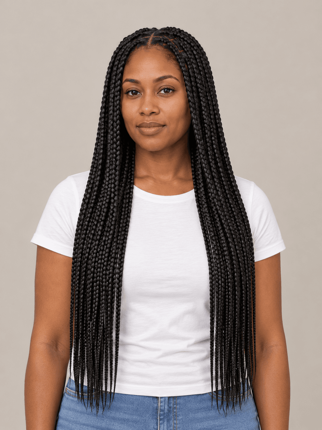 Knotless box braids on a woman with deep brown skin, front view