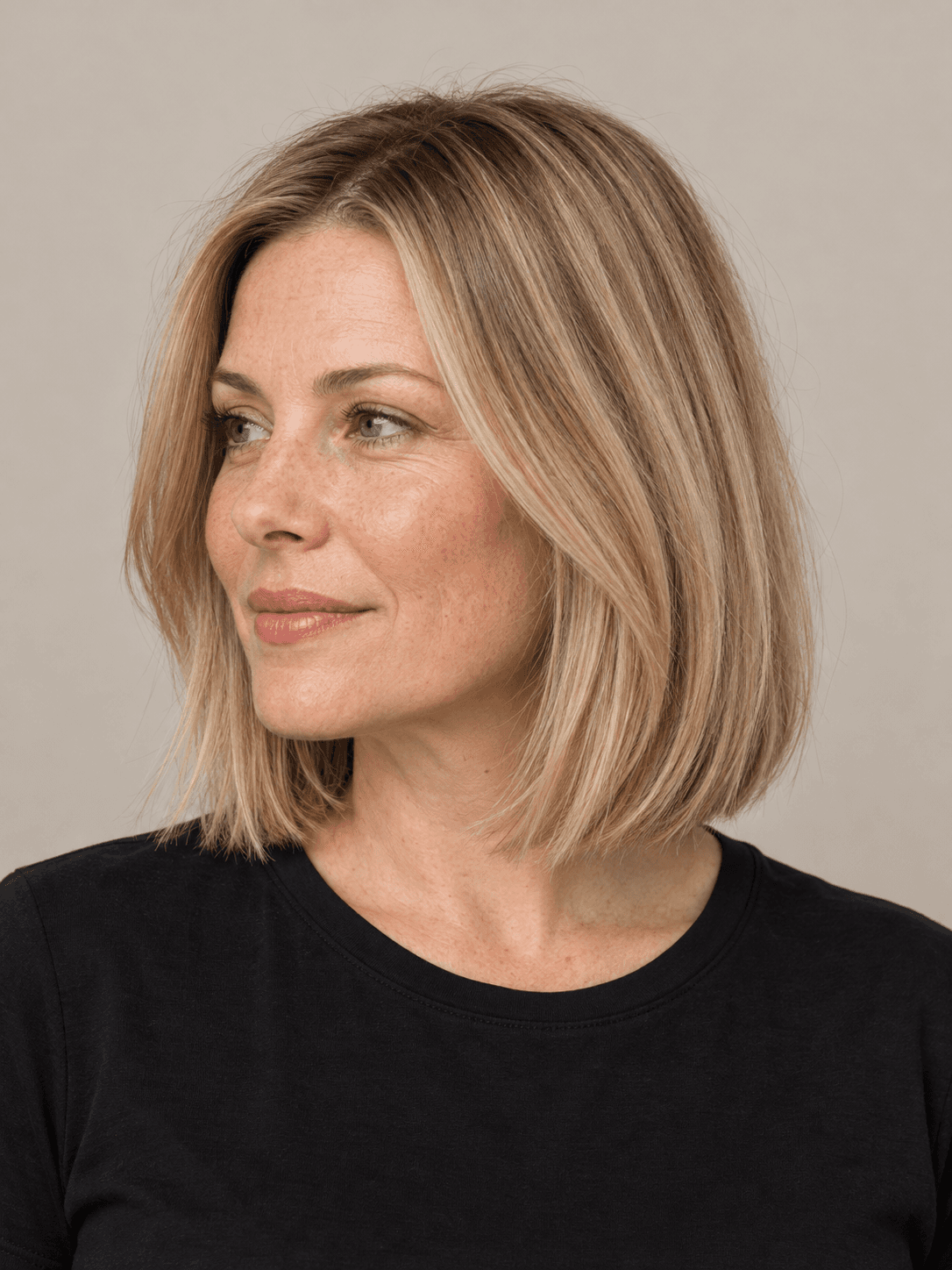 Lob hairstyle on a woman with straight mid-blonde hair, three-quarter view