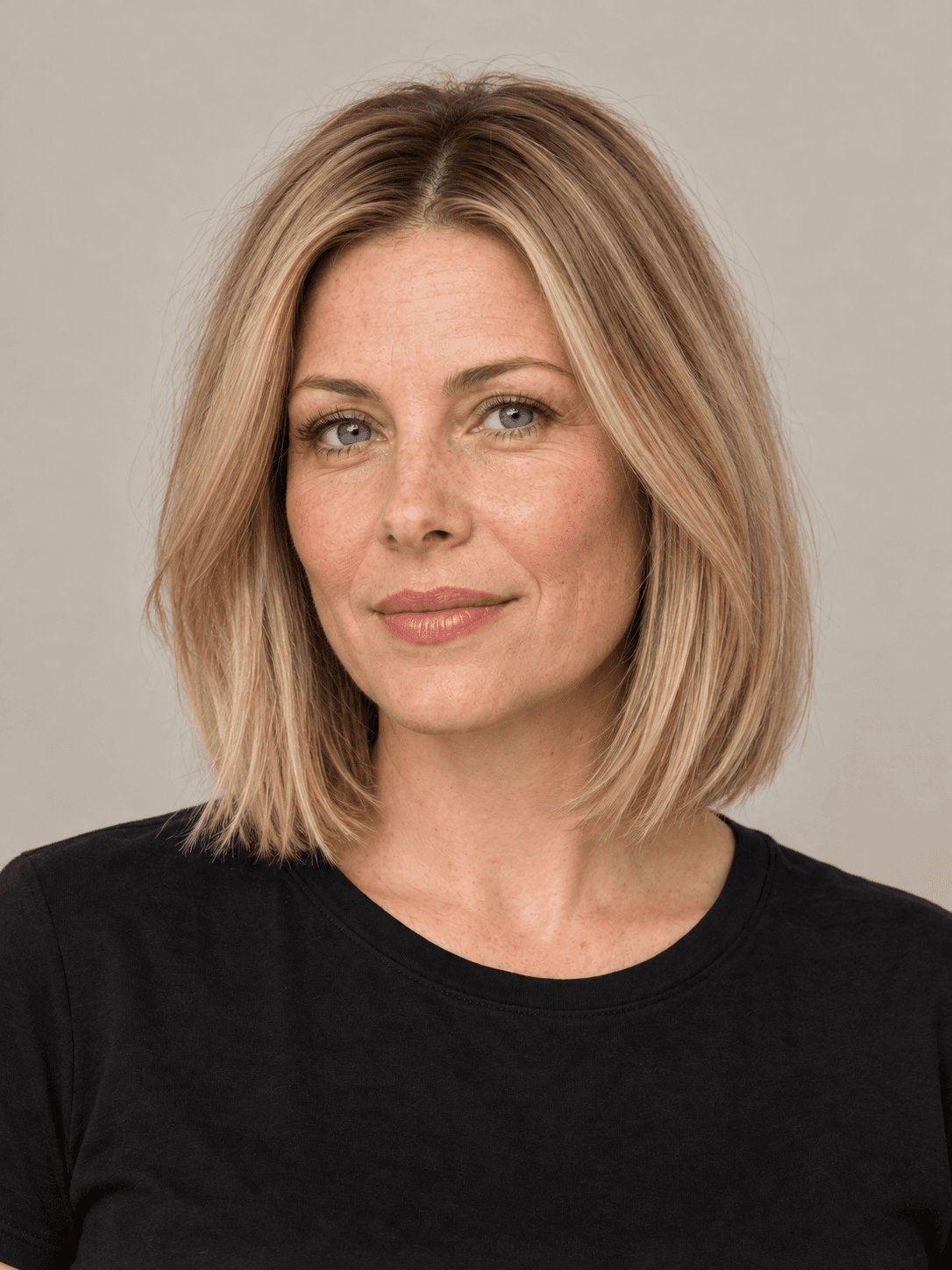 Lob hairstyle on a woman with straight mid-blonde hair, front view