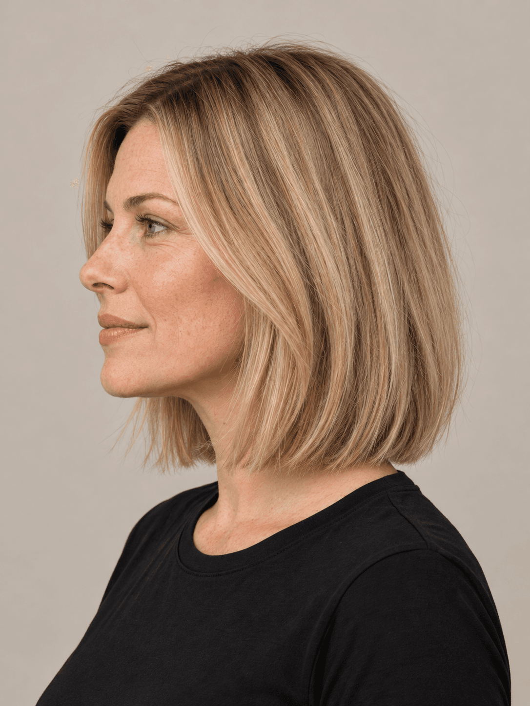 Lob hairstyle on a woman with straight mid-blonde hair, side view