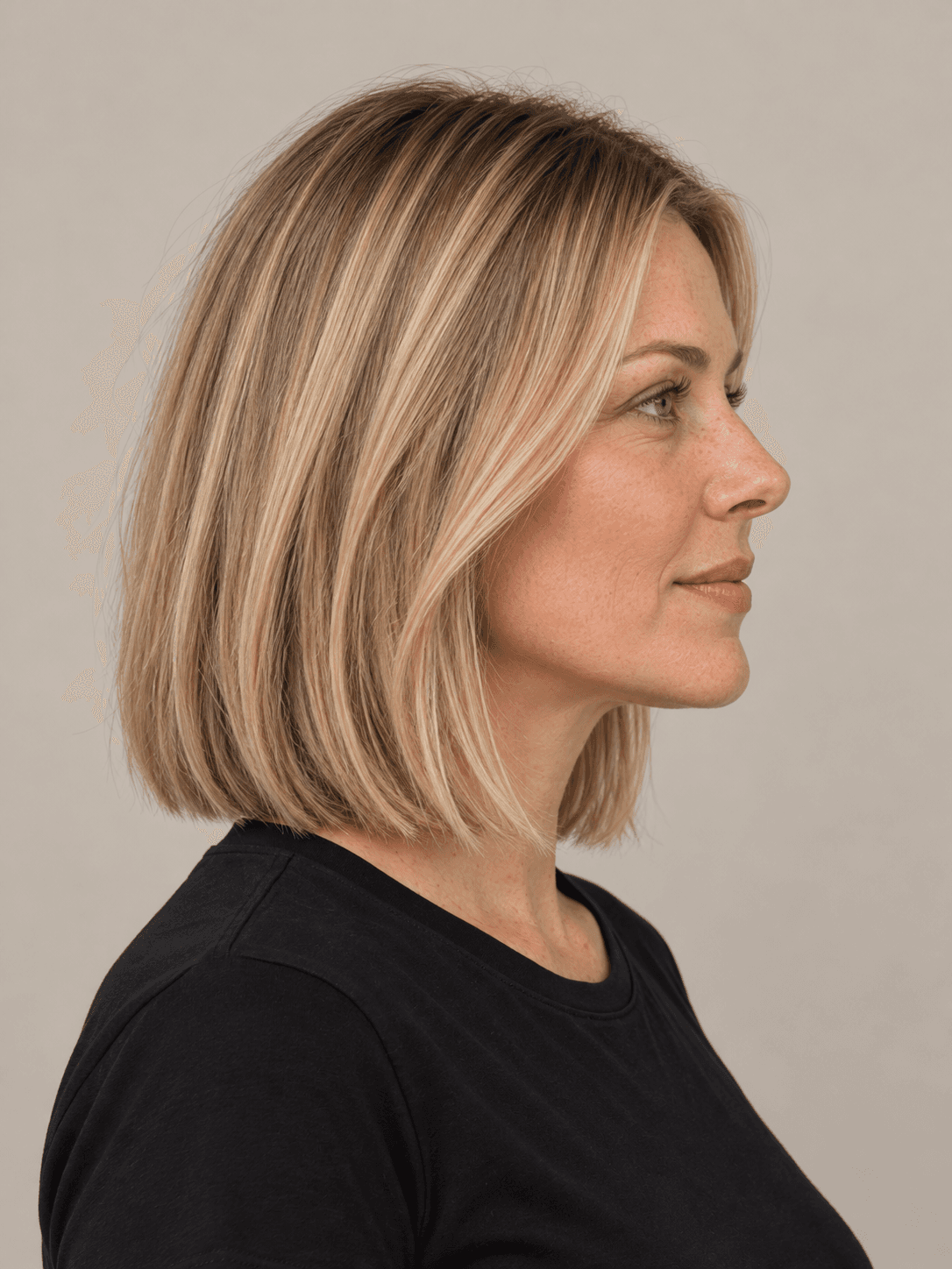 Lob hairstyle on a woman with straight mid-blonde hair, side view from the other side