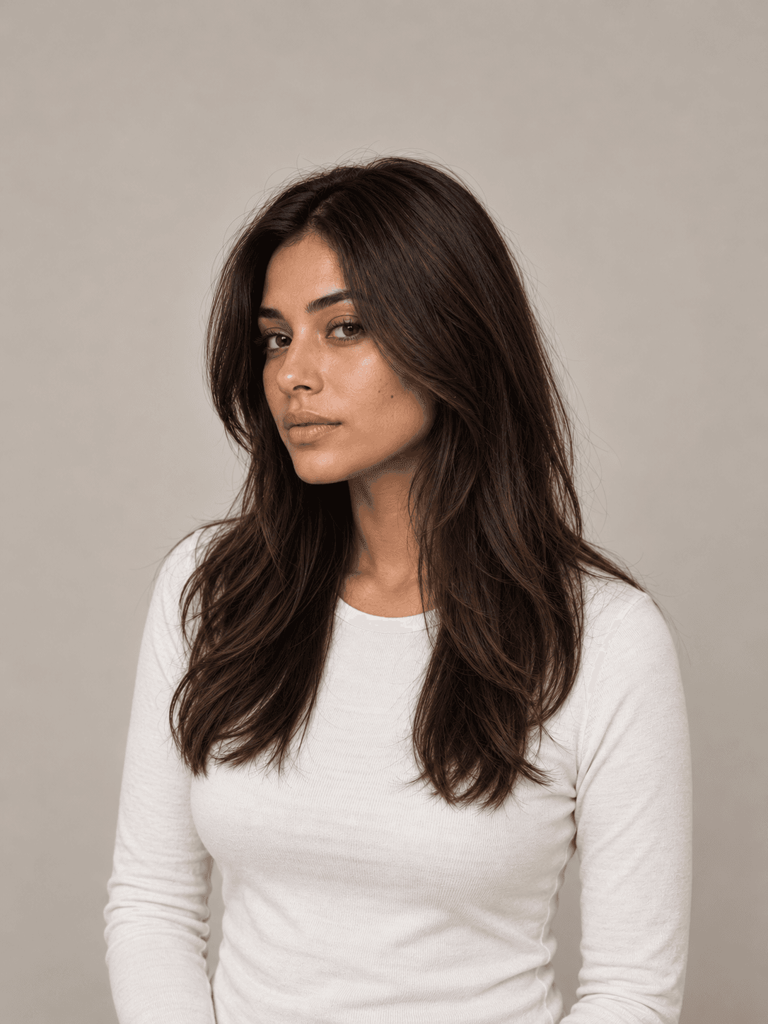 Long layers hairstyle on a woman with dark brown straight hair, three-quarter view
