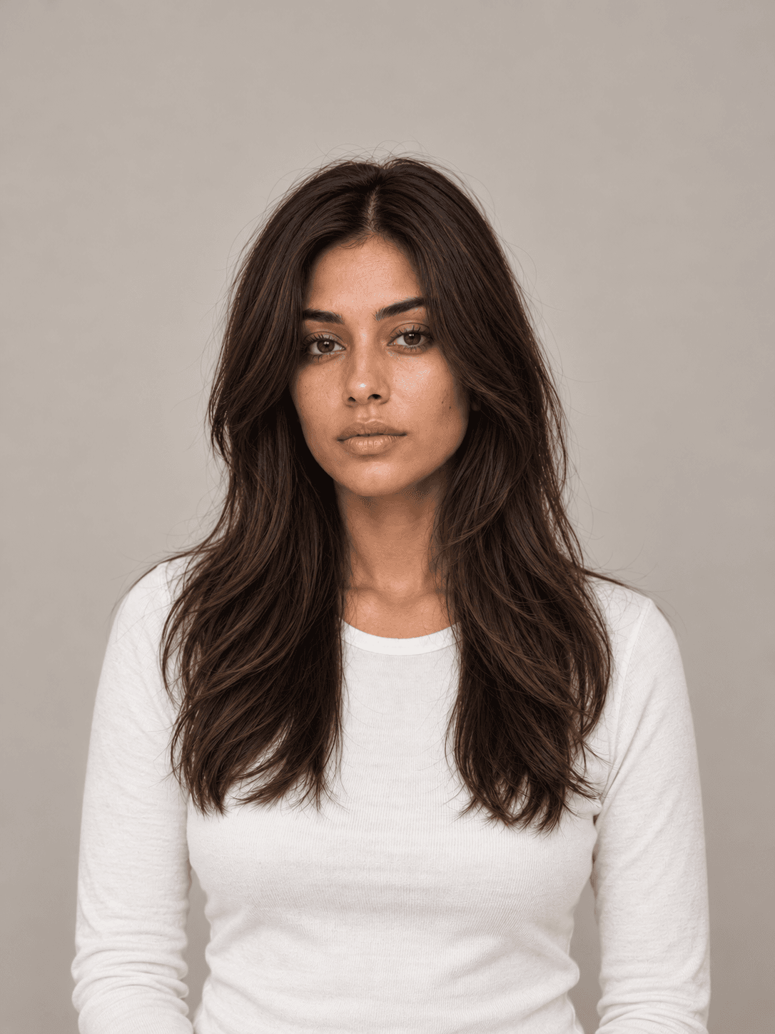 Long layers hairstyle on a woman with dark brown straight hair, front view