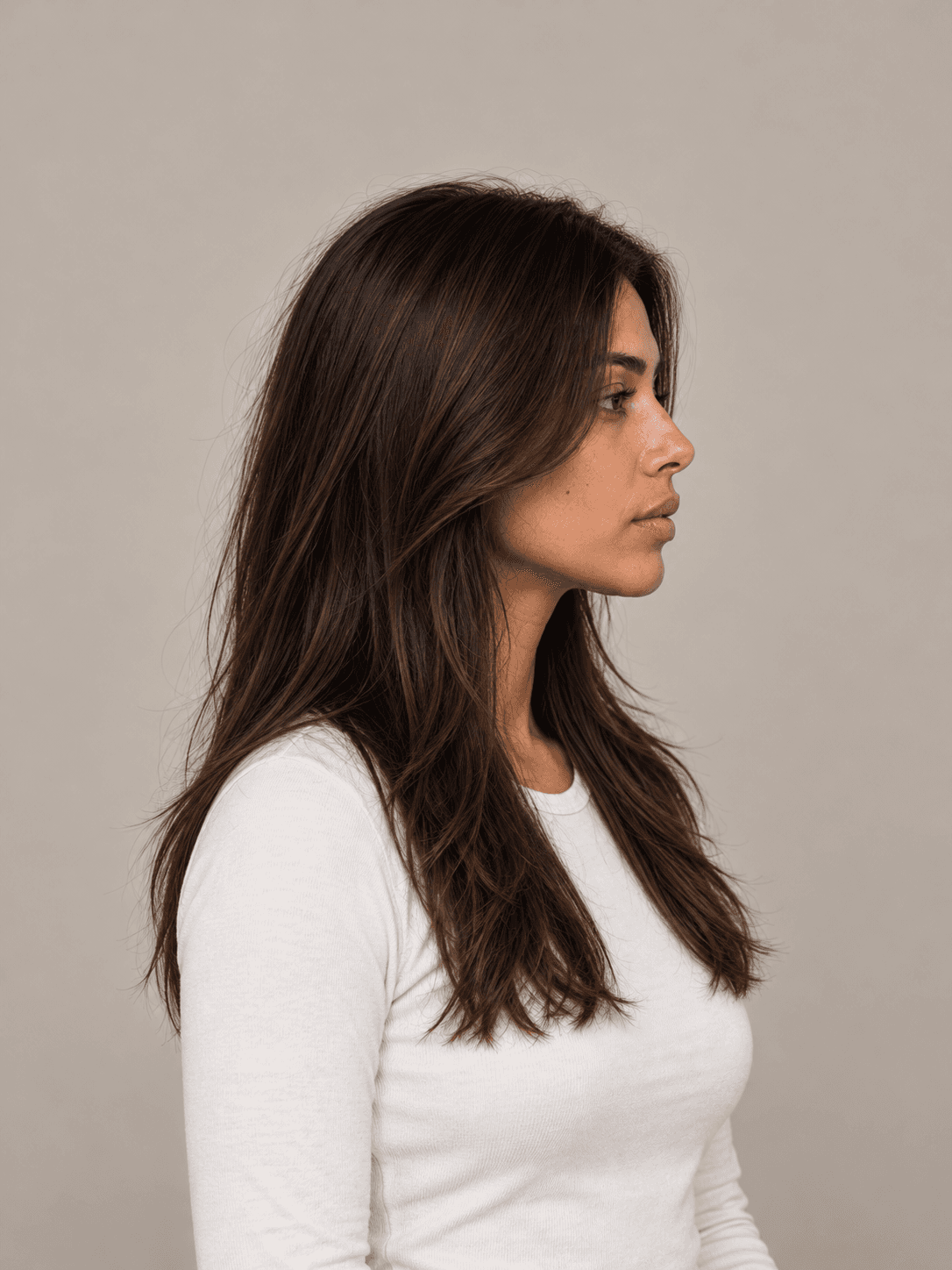 Long layers hairstyle on a woman with dark brown straight hair, side view