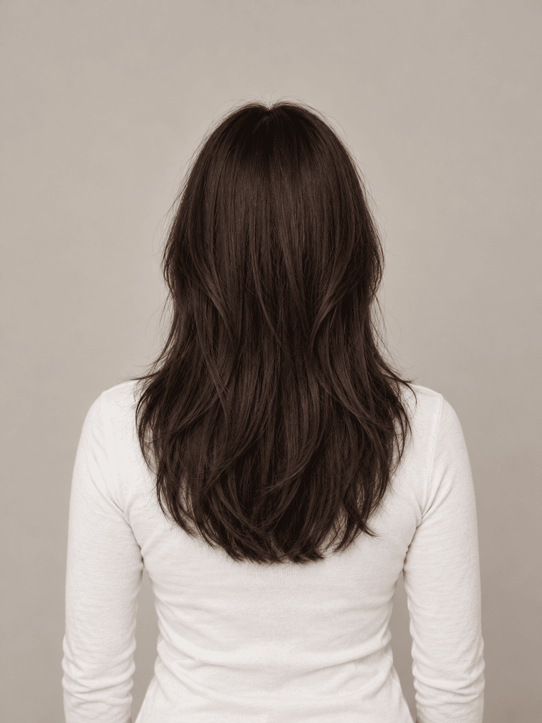Long layers hairstyle on a woman with dark brown straight hair, back view