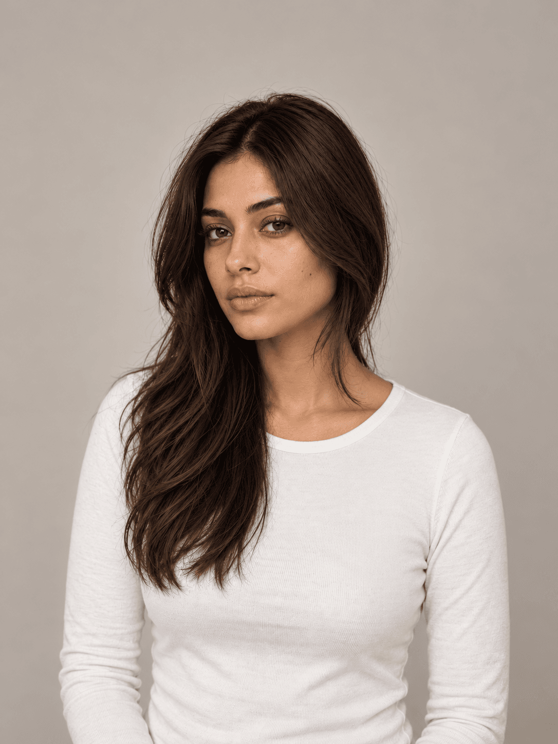 Long layers hairstyle on a woman with dark brown straight hair, hair swept to one side to show the shorter face-framing layers